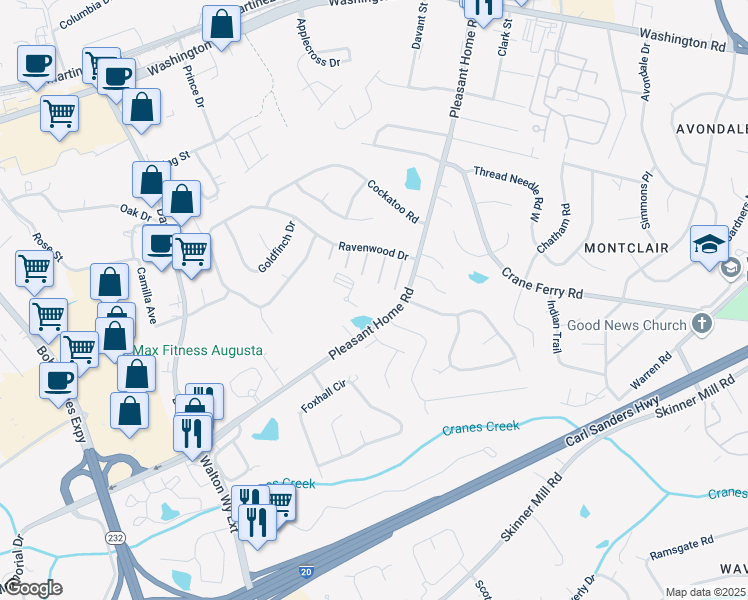 map of restaurants, bars, coffee shops, grocery stores, and more near 77 Sunnyvale Lane in Augusta