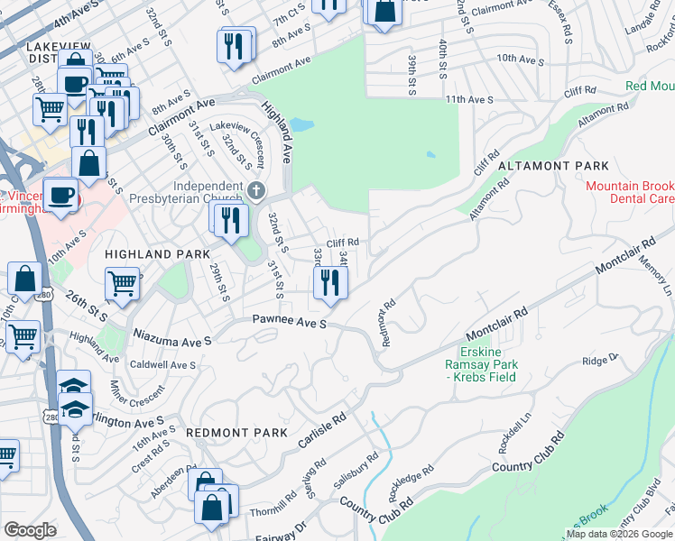 map of restaurants, bars, coffee shops, grocery stores, and more near 1417 33rd Street South in Birmingham