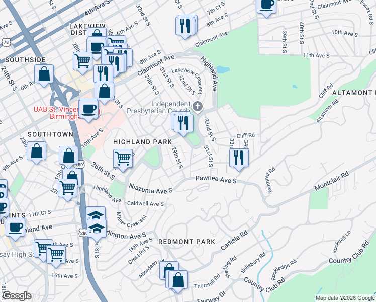 map of restaurants, bars, coffee shops, grocery stores, and more near 1223 29th Street South in Birmingham