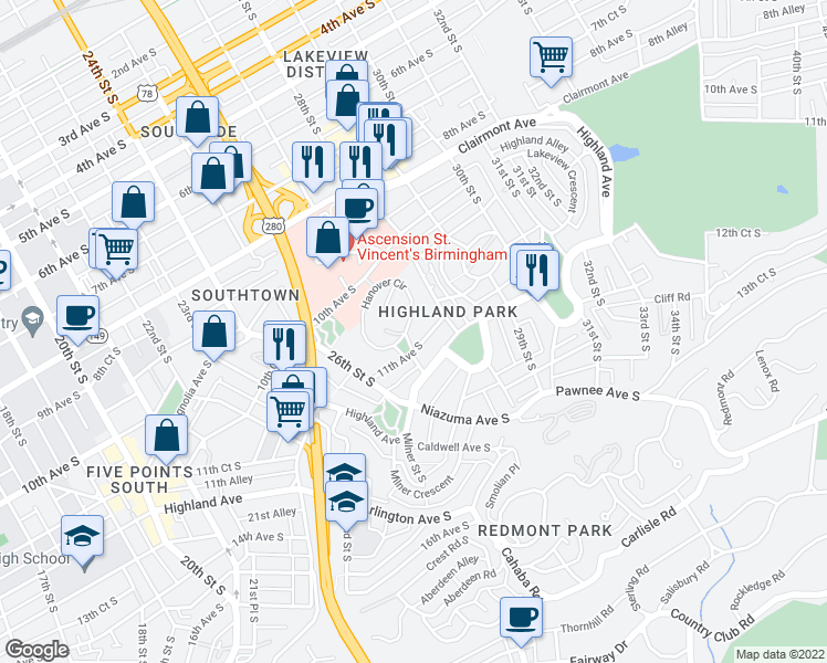 map of restaurants, bars, coffee shops, grocery stores, and more near 2711 Hanover Circle in Birmingham