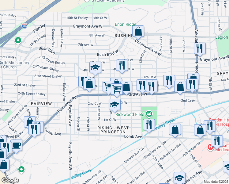 map of restaurants, bars, coffee shops, grocery stores, and more near in Birmingham