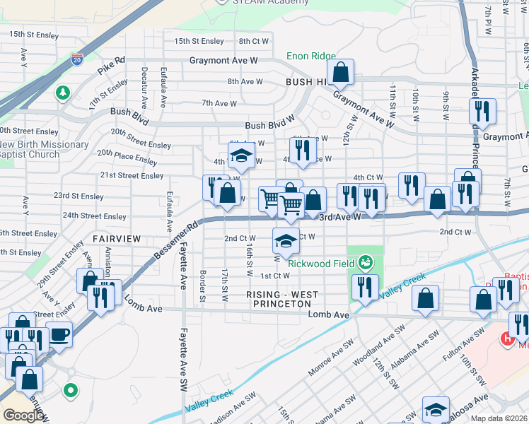 map of restaurants, bars, coffee shops, grocery stores, and more near 1520 3rd Avenue West in Birmingham
