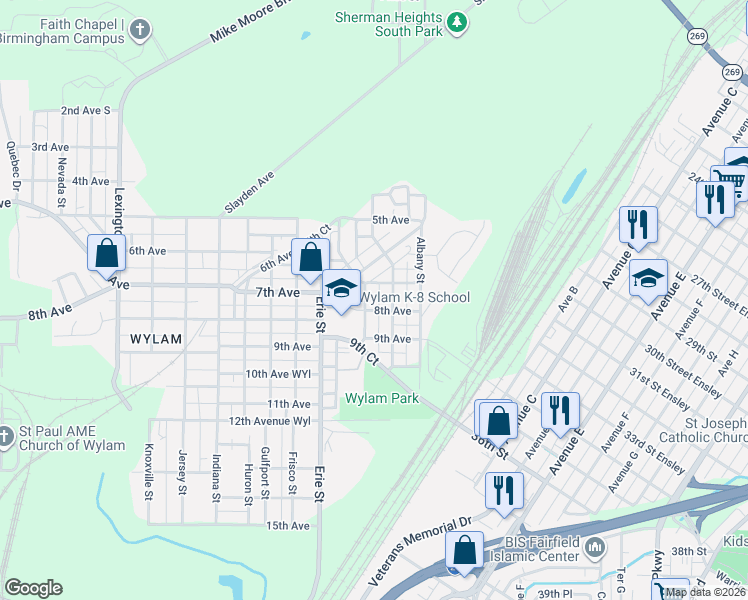 map of restaurants, bars, coffee shops, grocery stores, and more near 725 Cambridge Street in Birmingham