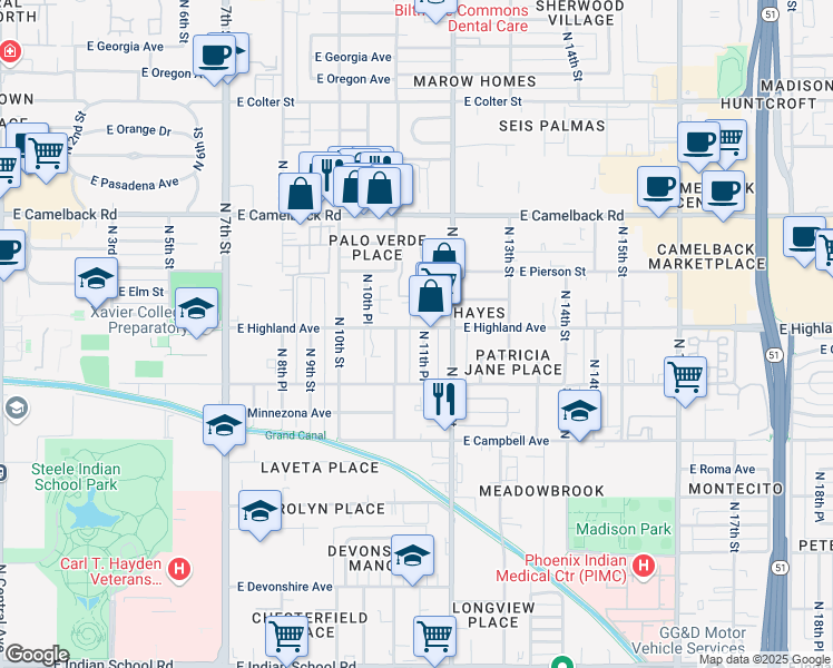 map of restaurants, bars, coffee shops, grocery stores, and more near 1117 East Highland Avenue in Phoenix