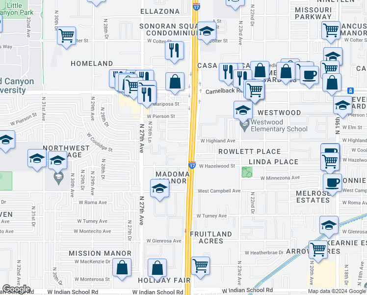 map of restaurants, bars, coffee shops, grocery stores, and more near 4602 N Black Canyon Hwy in Phoenix