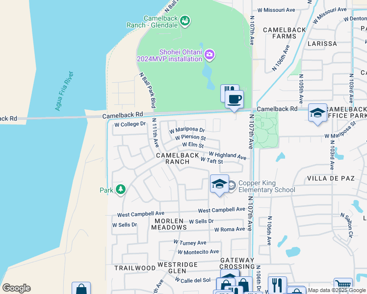 map of restaurants, bars, coffee shops, grocery stores, and more near 10939 West Elm Street in Phoenix