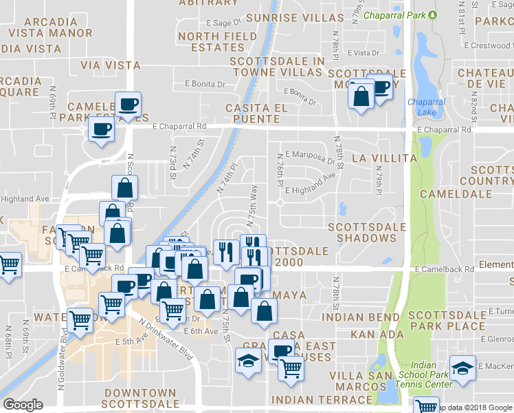 map of restaurants, bars, coffee shops, grocery stores, and more near 4707 N 75th Way in Scottsdale