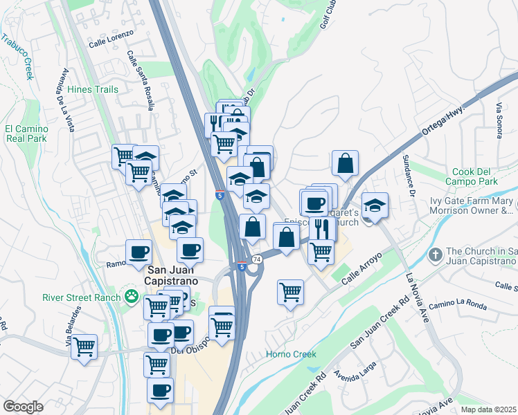 map of restaurants, bars, coffee shops, grocery stores, and more near 31521 Rancho Viejo Road in San Juan Capistrano