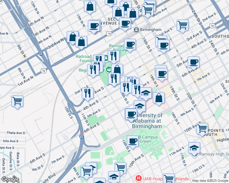 map of restaurants, bars, coffee shops, grocery stores, and more near 1449 4th Avenue South in Birmingham