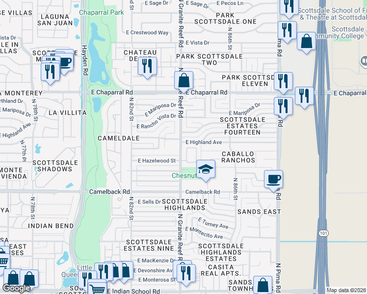 map of restaurants, bars, coffee shops, grocery stores, and more near 8430 East Coolidge Street in Scottsdale