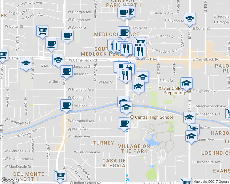 map of restaurants, bars, coffee shops, grocery stores, and more near 101 West Highland Avenue in Phoenix