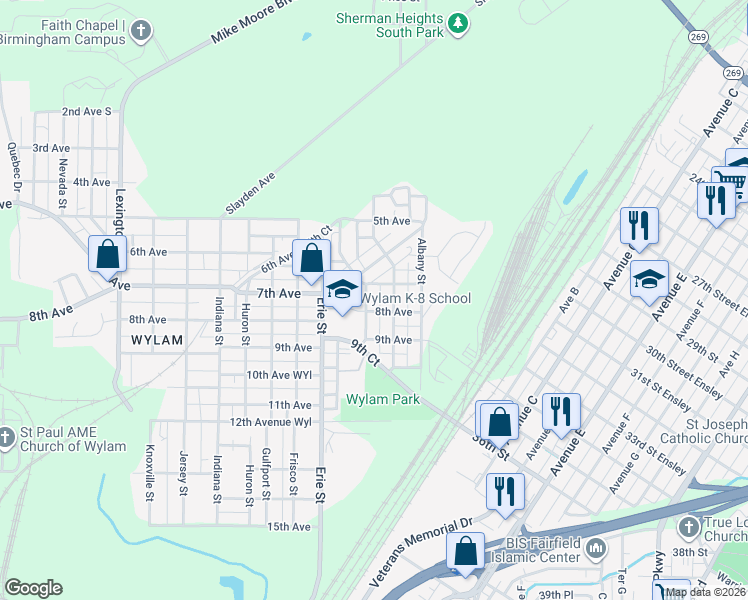 map of restaurants, bars, coffee shops, grocery stores, and more near 725 Cambridge Street in Birmingham