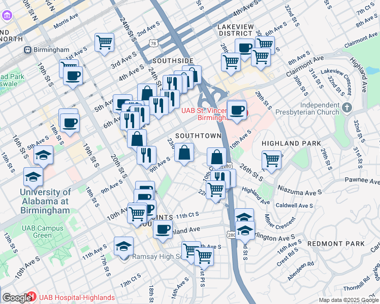 map of restaurants, bars, coffee shops, grocery stores, and more near 2328 9th Court South in Birmingham