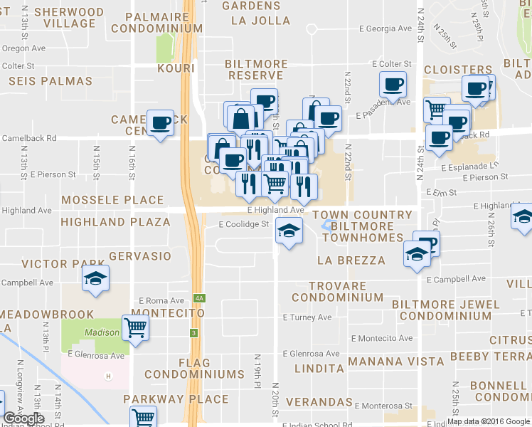 map of restaurants, bars, coffee shops, grocery stores, and more near 1935 E Highland Ave in Phoenix