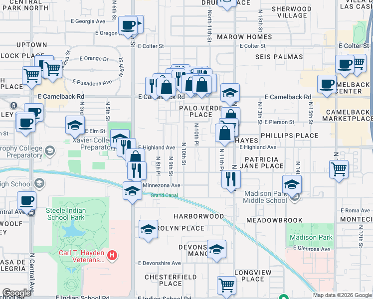 map of restaurants, bars, coffee shops, grocery stores, and more near 4645 North 10th Street in Phoenix