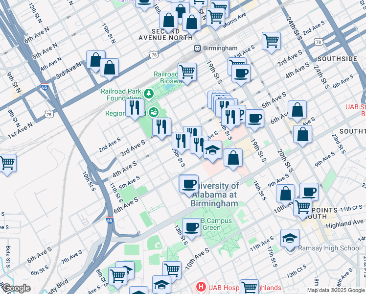 map of restaurants, bars, coffee shops, grocery stores, and more near 1512 5th Avenue South in Birmingham