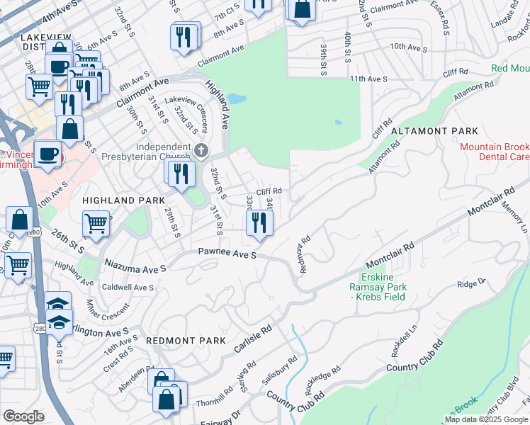map of restaurants, bars, coffee shops, grocery stores, and more near 1417 33rd Street South in Birmingham