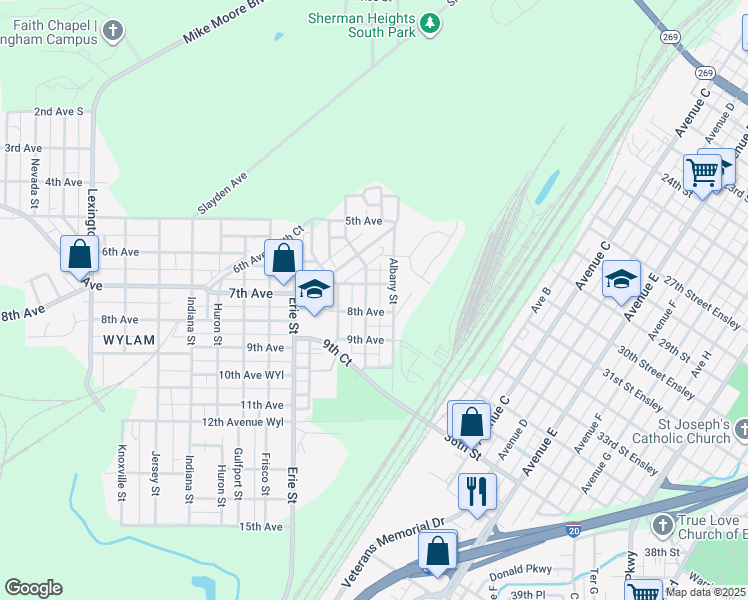 map of restaurants, bars, coffee shops, grocery stores, and more near 741 Buffalo Street in Birmingham