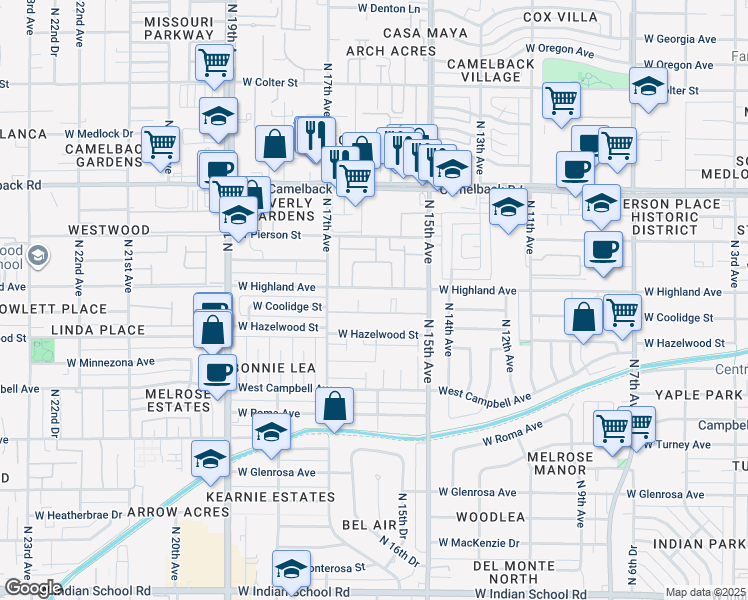 map of restaurants, bars, coffee shops, grocery stores, and more near 1603 West Highland Avenue in Phoenix