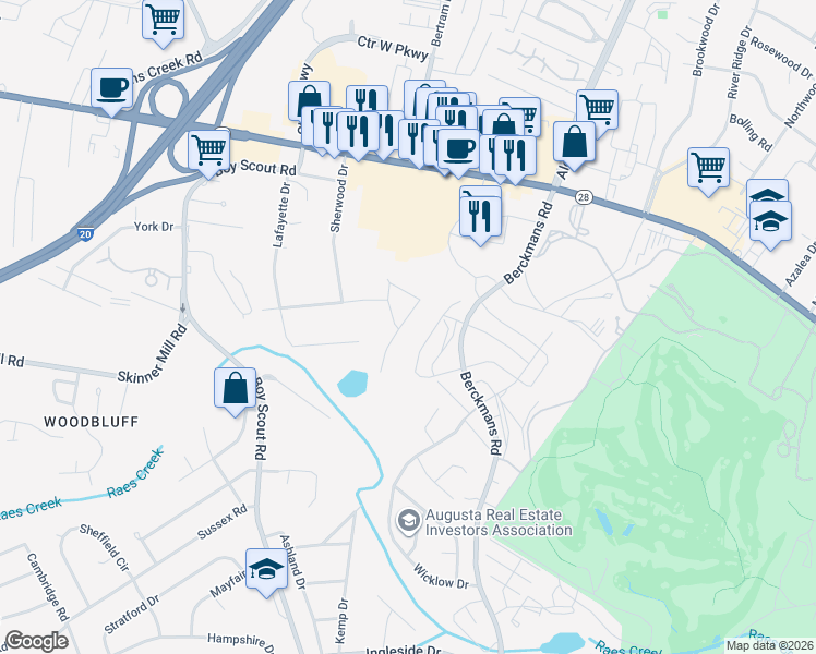 map of restaurants, bars, coffee shops, grocery stores, and more near 2911 Pointewest Dr in Augusta