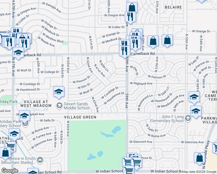 map of restaurants, bars, coffee shops, grocery stores, and more near 6113 West Highland Avenue in Phoenix