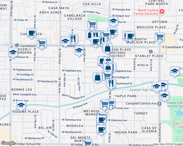 map of restaurants, bars, coffee shops, grocery stores, and more near 925 West Highland Avenue in Phoenix