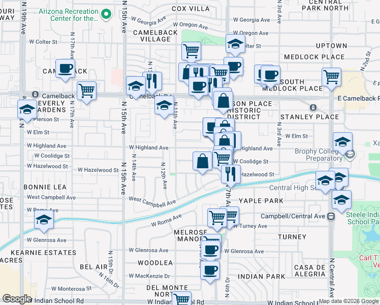 map of restaurants, bars, coffee shops, grocery stores, and more near 925 West Highland Avenue in Phoenix