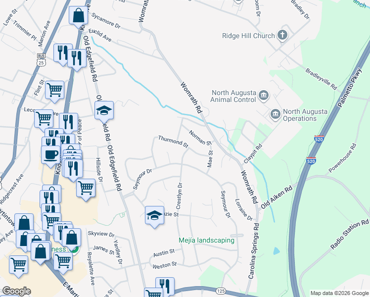 map of restaurants, bars, coffee shops, grocery stores, and more near 710 Crestlyn Drive in North Augusta
