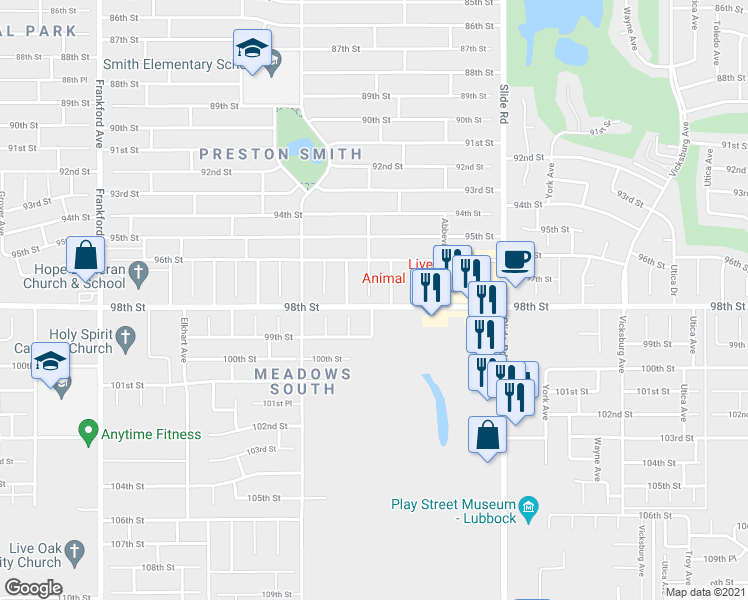 map of restaurants, bars, coffee shops, grocery stores, and more near 9615 Bangor Ave in Lubbock