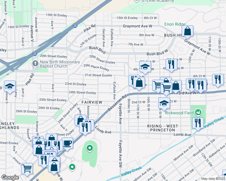 map of restaurants, bars, coffee shops, grocery stores, and more near 2316 Eufaula Avenue in Birmingham