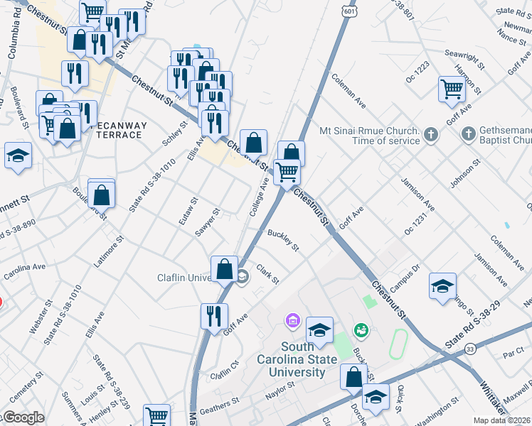 map of restaurants, bars, coffee shops, grocery stores, and more near 1124 College Avenue in Orangeburg