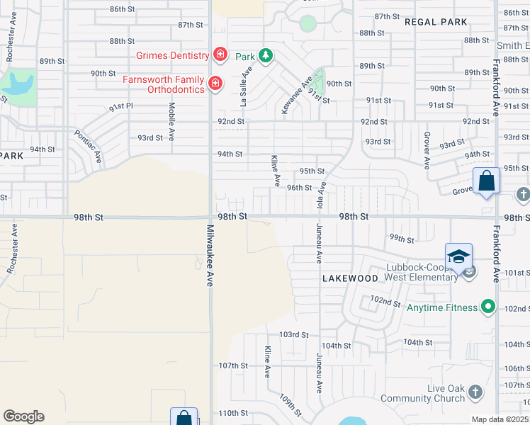 map of restaurants, bars, coffee shops, grocery stores, and more near 9616 Kline Avenue in Lubbock