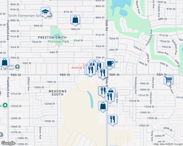map of restaurants, bars, coffee shops, grocery stores, and more near 9709 Abbeville Avenue in Lubbock