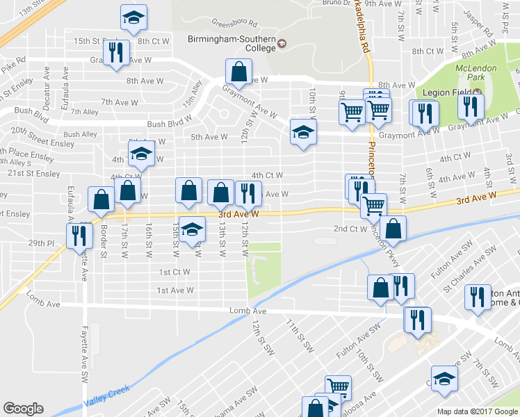 map of restaurants, bars, coffee shops, grocery stores, and more near 1118 3rd Ave W in Birmingham
