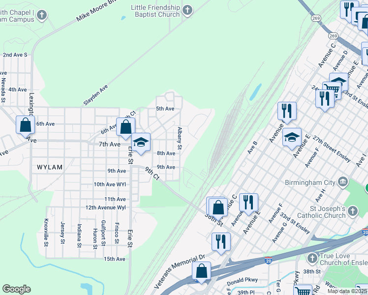 map of restaurants, bars, coffee shops, grocery stores, and more near 756 Attalla Place in Birmingham