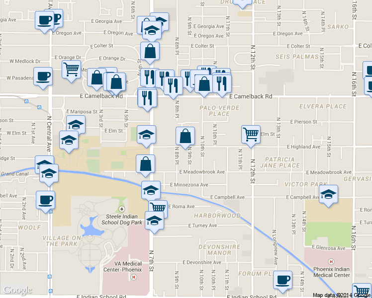 map of restaurants, bars, coffee shops, grocery stores, and more near 4648 North 9th Street in Phoenix