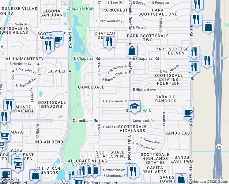 map of restaurants, bars, coffee shops, grocery stores, and more near 8232 East Coolidge Street in Scottsdale