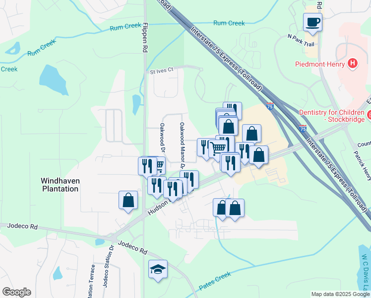 map of restaurants, bars, coffee shops, grocery stores, and more near 496 Oakwood Manor Drive in Stockbridge