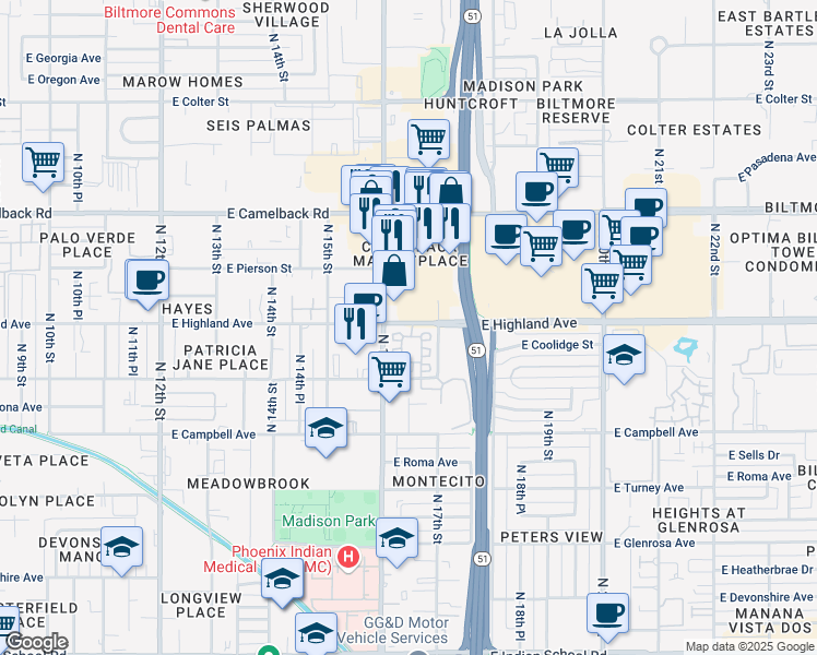 map of restaurants, bars, coffee shops, grocery stores, and more near 1601 East Highland Avenue in Phoenix