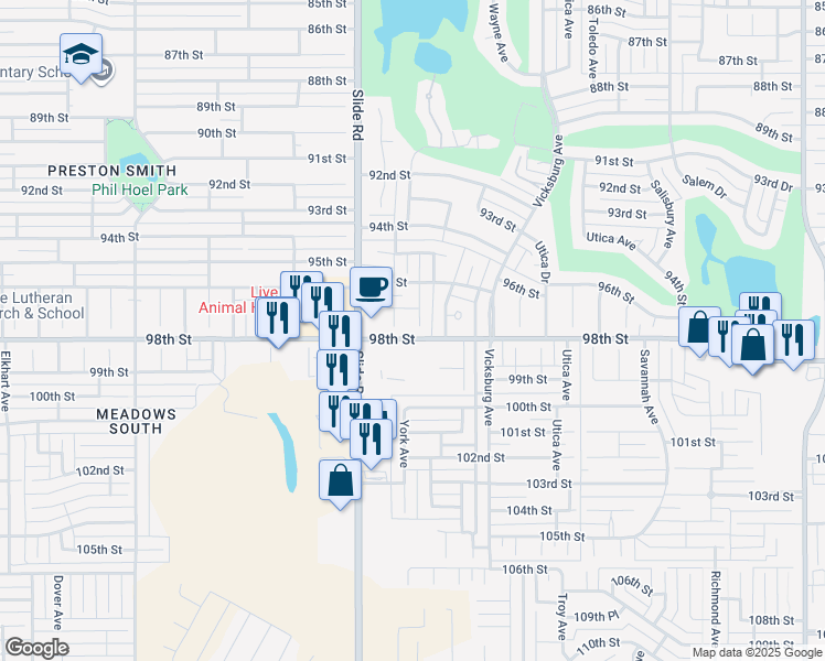 map of restaurants, bars, coffee shops, grocery stores, and more near 9706 York Avenue in Lubbock