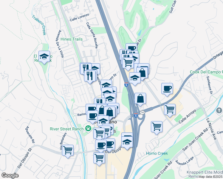 map of restaurants, bars, coffee shops, grocery stores, and more near 31492 La Matanza Street in San Juan Capistrano