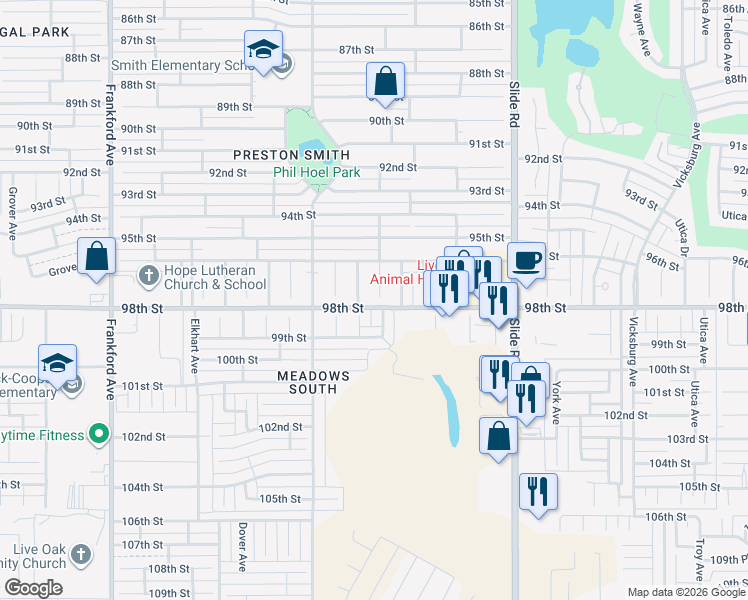 map of restaurants, bars, coffee shops, grocery stores, and more near 9615 Bangor Avenue in Lubbock