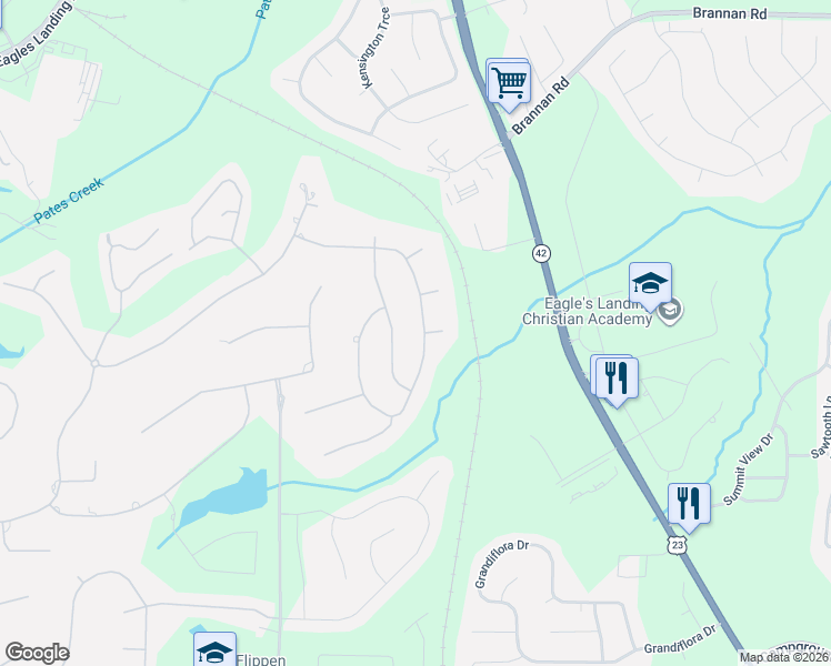 map of restaurants, bars, coffee shops, grocery stores, and more near 136 Bayberry Hill in McDonough
