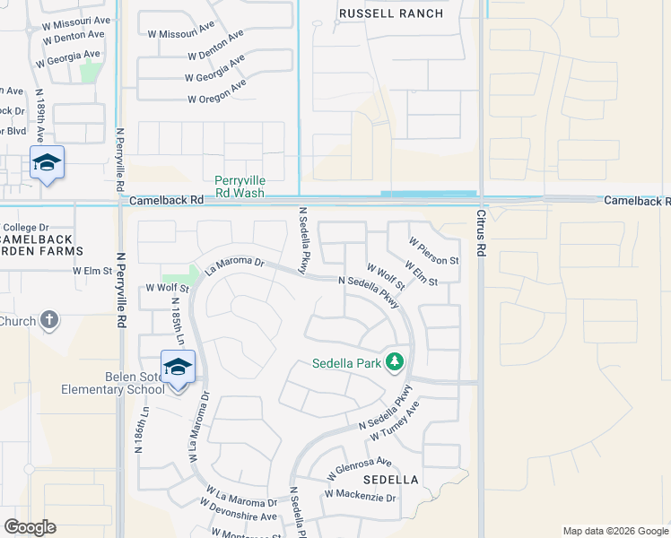 map of restaurants, bars, coffee shops, grocery stores, and more near 18227 West Elm Street in Goodyear