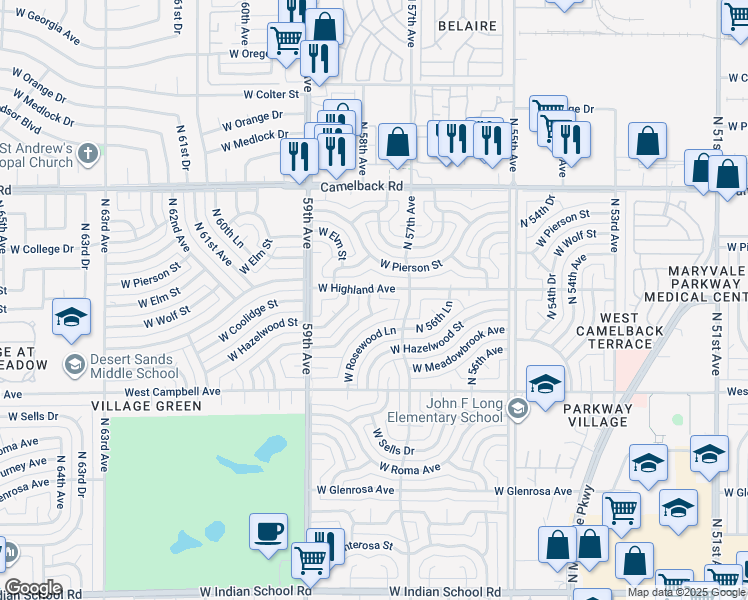 map of restaurants, bars, coffee shops, grocery stores, and more near 4643 North 58th Avenue in Phoenix