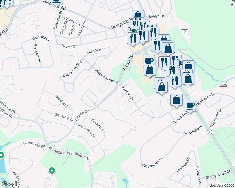 map of restaurants, bars, coffee shops, grocery stores, and more near 3112 Lucas Ln SW in Aiken