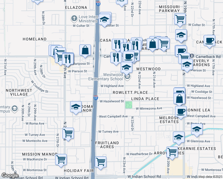 map of restaurants, bars, coffee shops, grocery stores, and more near 2326 West Coolidge Street in Phoenix