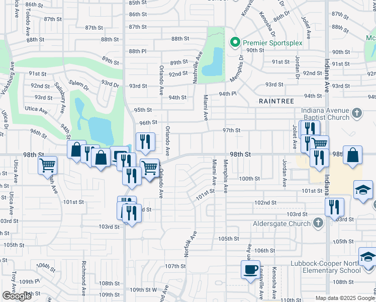 map of restaurants, bars, coffee shops, grocery stores, and more near 9714 Norfolk Ave in Lubbock
