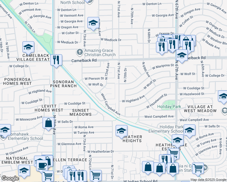 map of restaurants, bars, coffee shops, grocery stores, and more near 4628 North 71st Lane in Phoenix