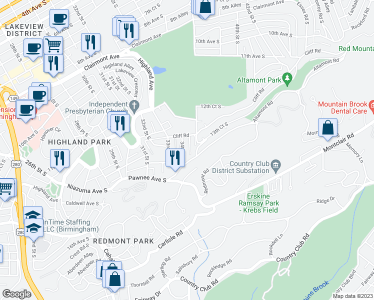 map of restaurants, bars, coffee shops, grocery stores, and more near 1325 34th Street South in Birmingham